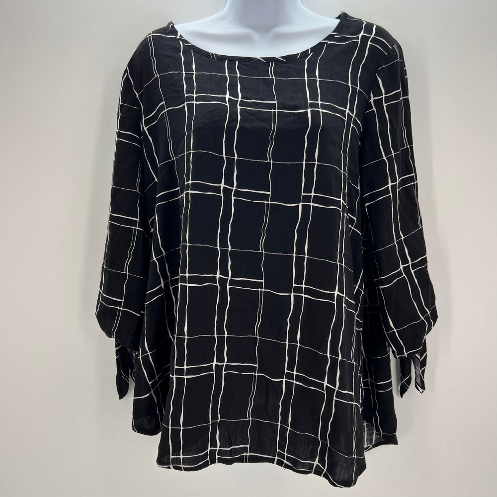 Yushi‎ Women's Small Black White Grid Windowpane Blouse Tie Cuff Rayon Top